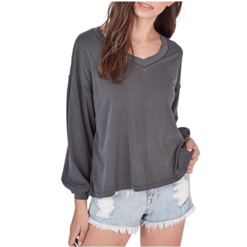 MUSTARD SEED Oversized‎ V-neck Balloon Sleeve Shirt In Charcoal, Size S, NWT
